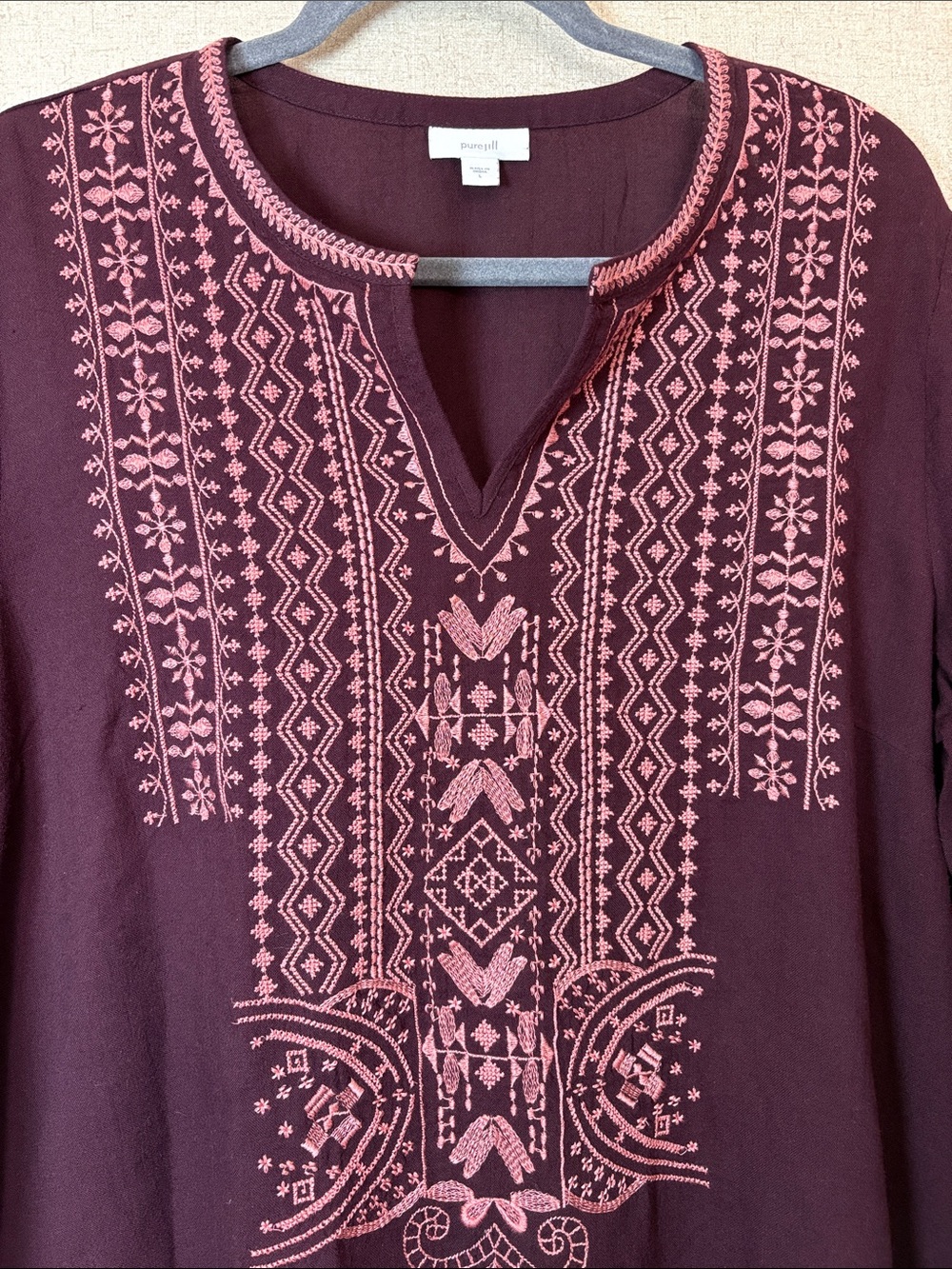 Pure Jill Embroidered Pullover Tunic 3/4 Sleeve Plum Sz L Cotton Boho Peasant - Picture 5 of 12